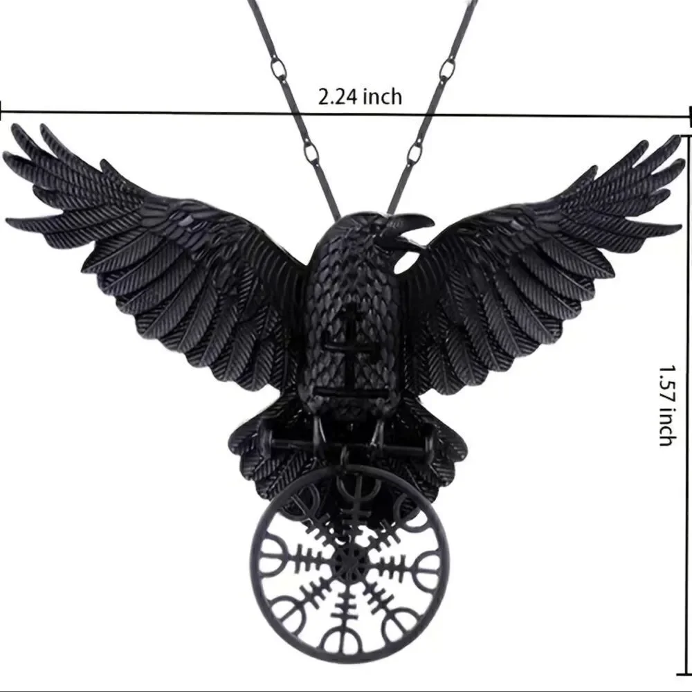 Black raven pendant necklace with black link chain.